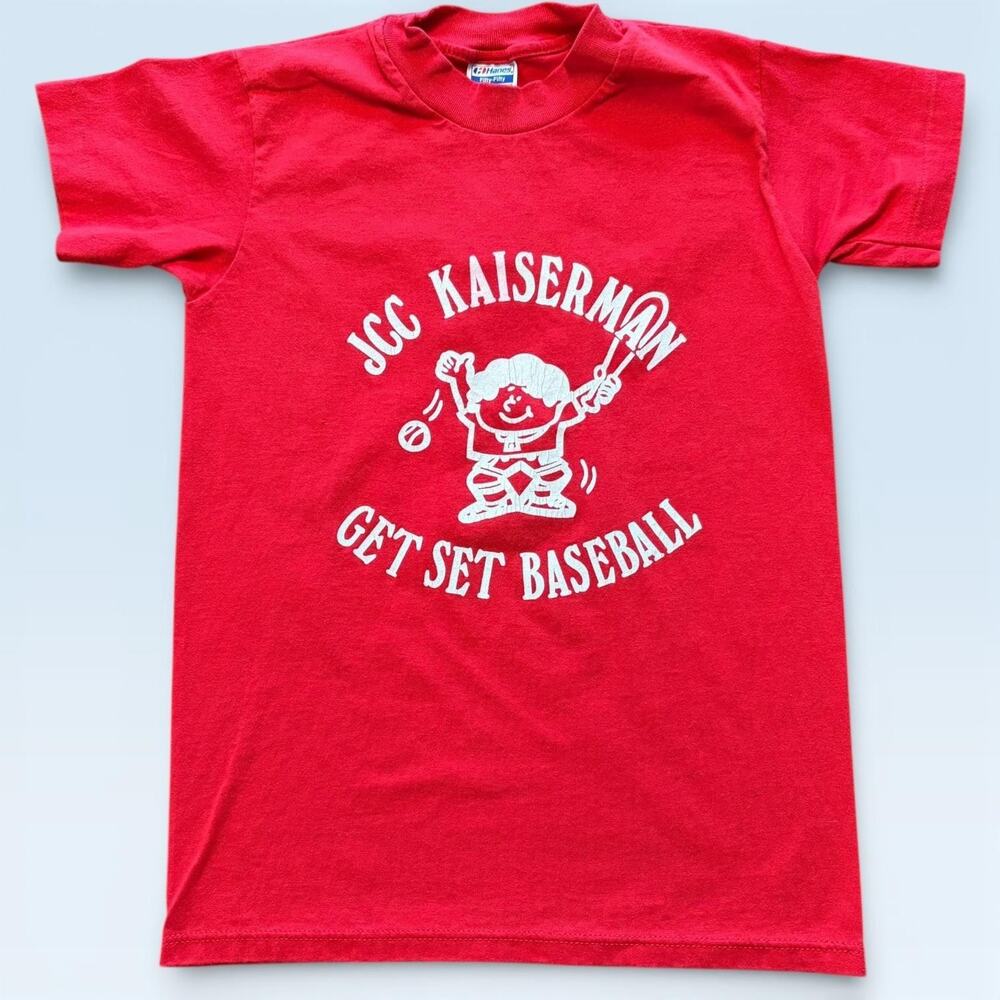 Vintage JCC Kaiserman Get Set Baseball Shirt Tee Youth 10-12 Red Hanes USA 80s